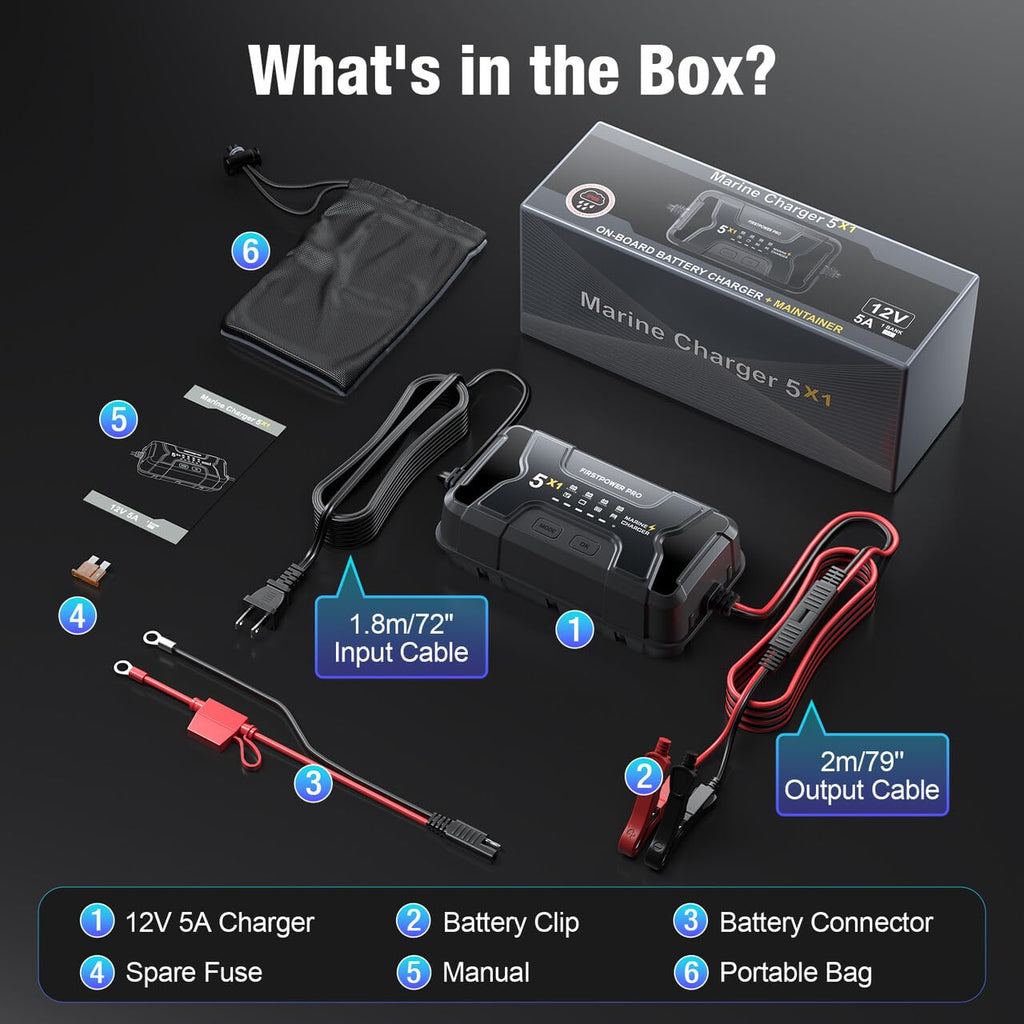 Marine Battery Charger 5X1: 1-Bank, 5A Onboard Battery Charger - 5A Per Bank, 12V Waterproof Boat Batter Charger for SLA/AGM, Lithium, Calcium - Charged 24/7