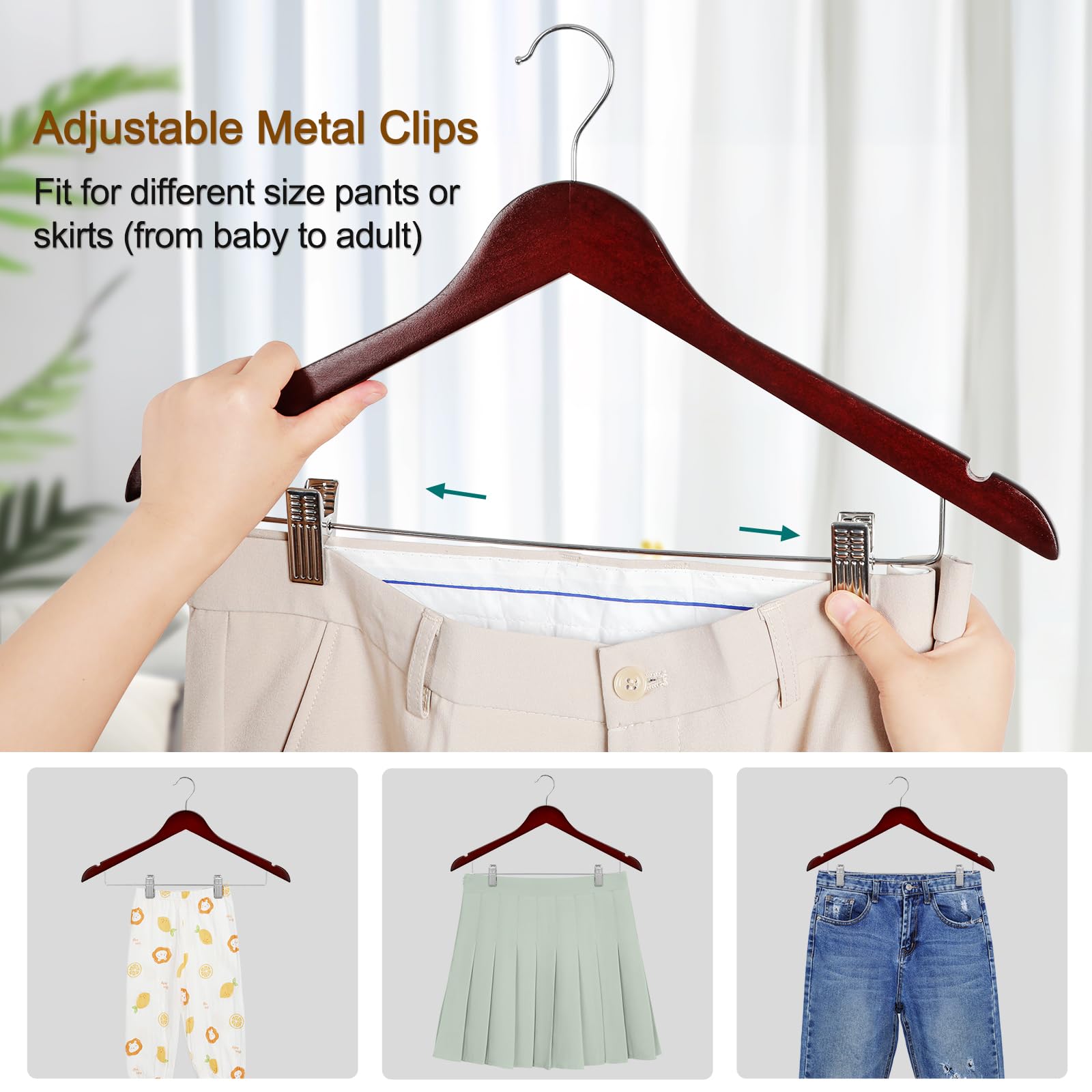 TOPIA HANGER Wooden Suit Hangers with Adjustable Metal Clips (10 Pack), Solid Wood Clothes Hangers, 360° Swivel Hook, Premium Retro Finish Pants Hangers for Clothes Coat, Jeans, Blouse-CT28A