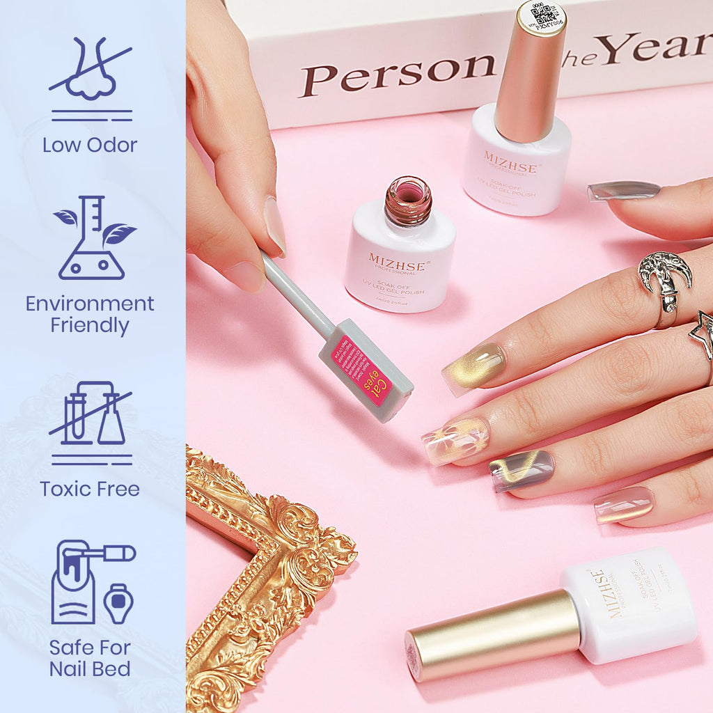 MIZHSE Cat Eye Gel Nail Polish, Moonlight Magnetic Gel Polish and Sheer Nude Nail Kit with 1 Magnet Stick, Glass Shiny Effect Silver Pink Purple Soak Off Manicure Home DIY