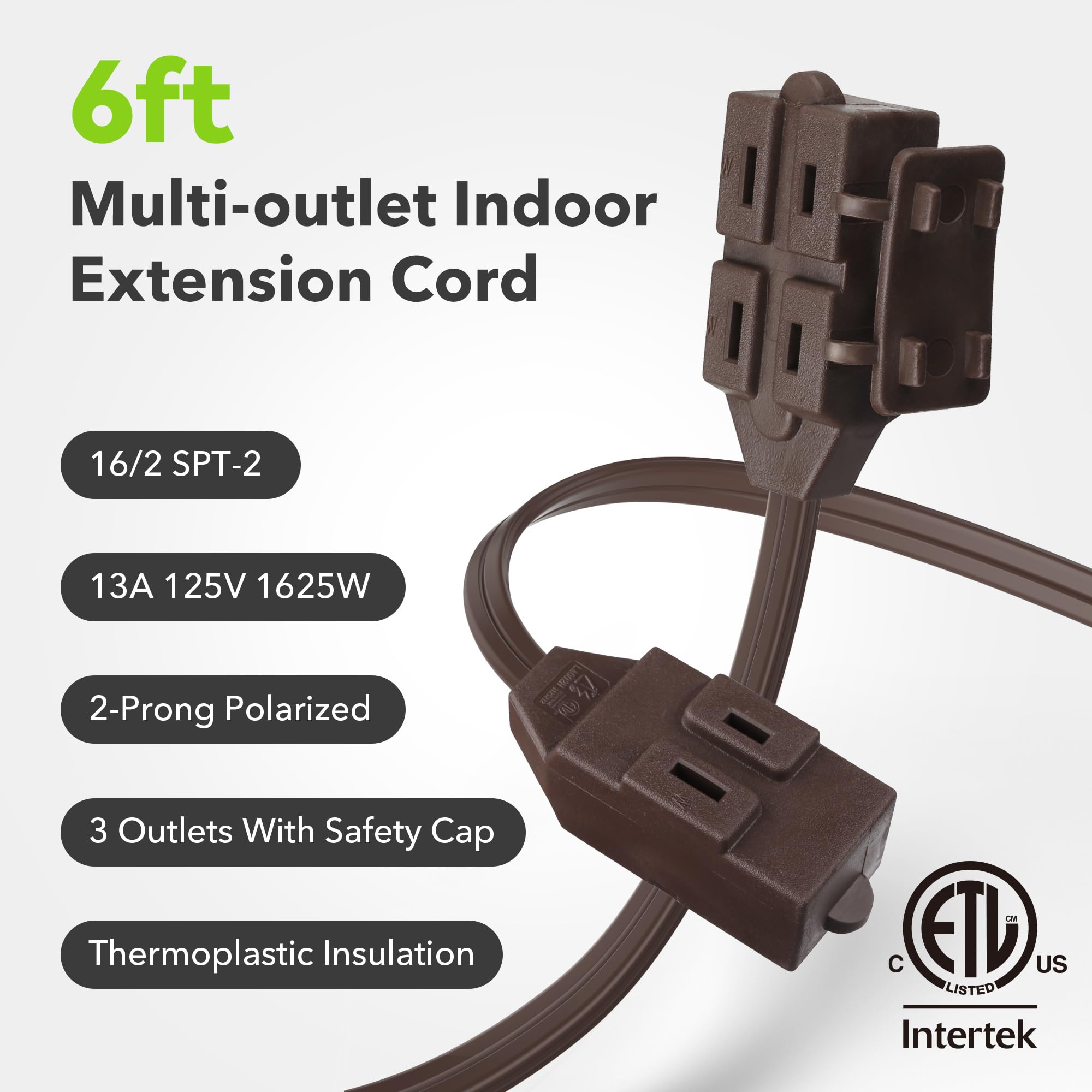 BN-LINK 6ft Indoor Extension Cord, 2 Pack, 3-Outlet Polarized Flat Cable, Household Power Cord for Home, Office, and Holiday Decorations, Black