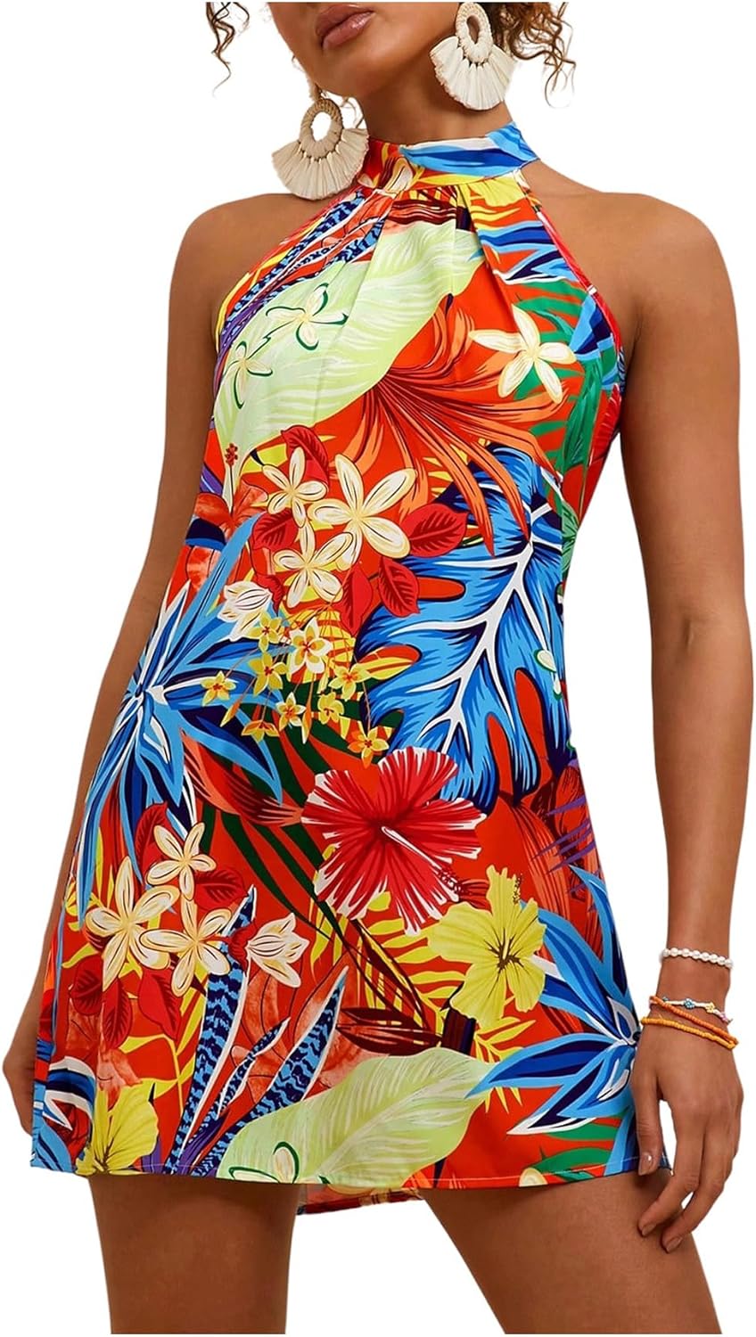 Floerns Women's Sleeveless Floral Print Sundress Halter Neck A Line Short Dress