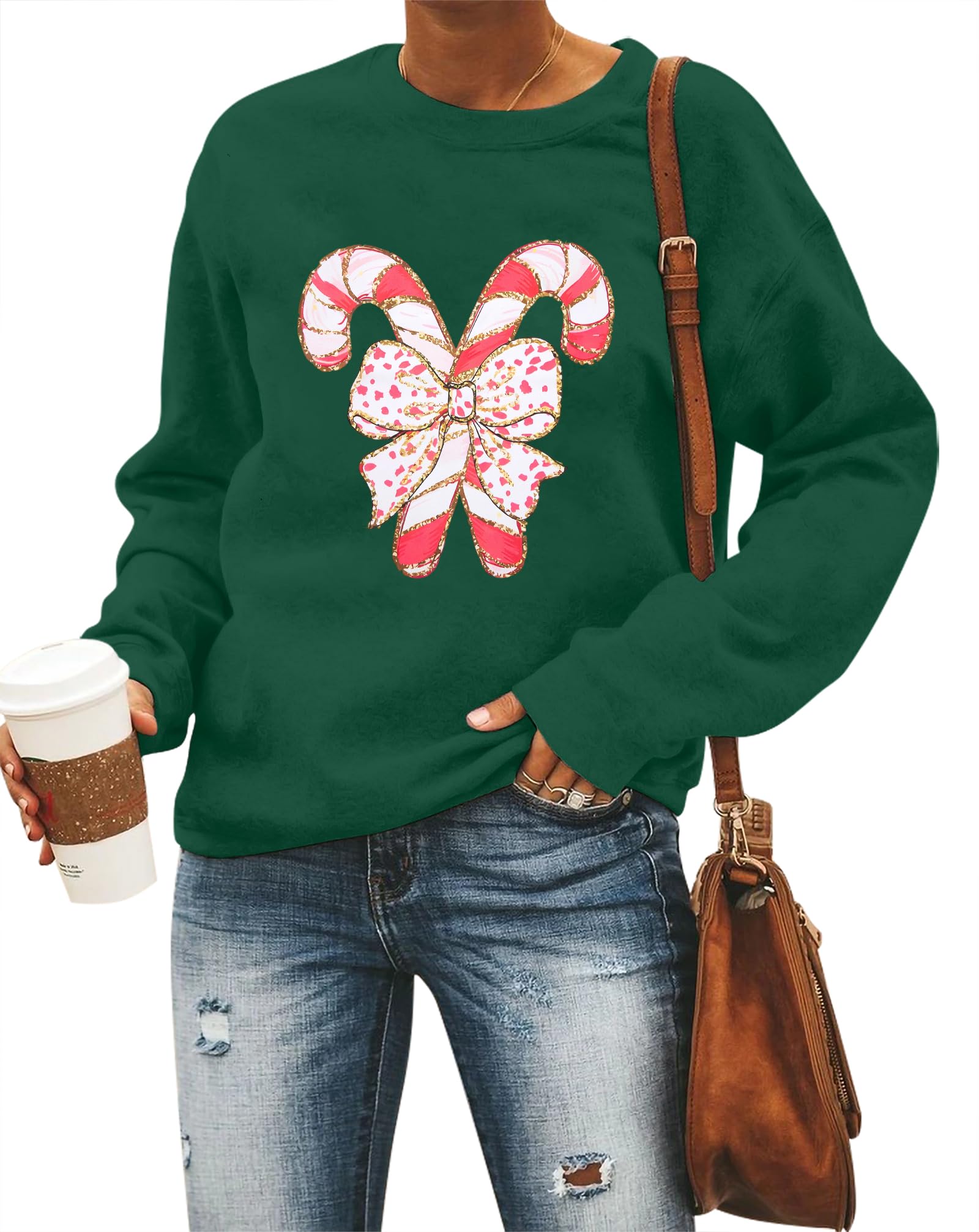 Christmas Sweatshirts Women Candy Canes Graphic Sweatshirt Vintage Xmas Long Sleeve Shirt Pullover Tops