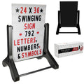 Swinging Changeable Message Sidewalk Sign: 24" x 36" Sign with 792 Pre-Cut Double Sided Letters and Storage Box. Includes Black Board & Letter Board (Black Color Legs)