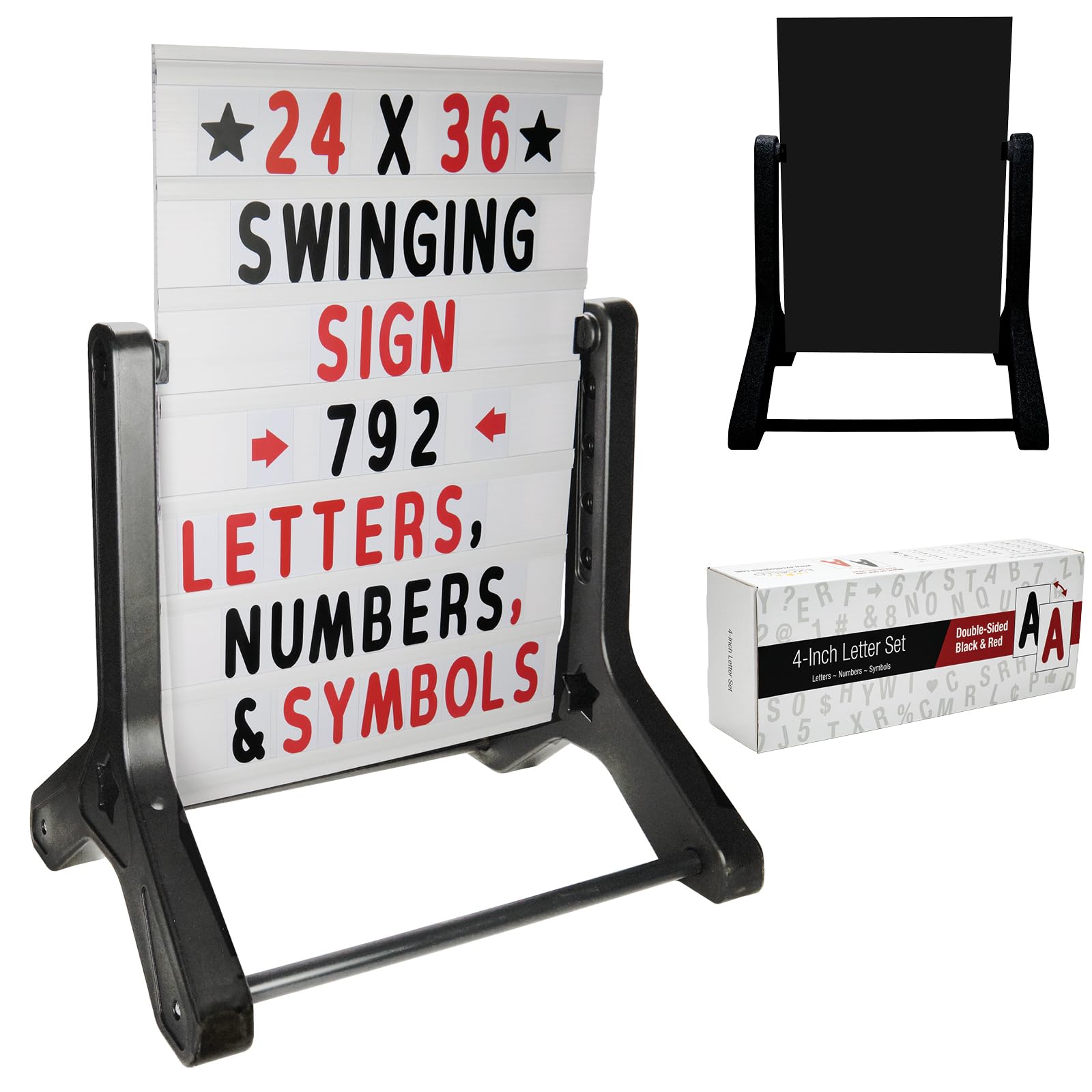 Swinging Changeable Message Sidewalk Sign: 24" x 36" Sign with 792 Pre-Cut Double Sided Letters and Storage Box. Includes Black Board & Letter Board (Black Color Legs)