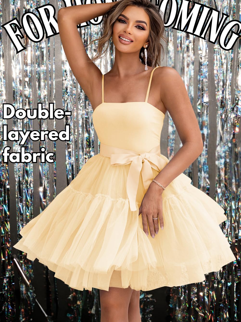 Kaei&Shi Poofy Short Tulle Dress,Spaghetti Strap Semi Formal Dresses for Women,Elegant Birthday Outfit Homecoming Cocktail