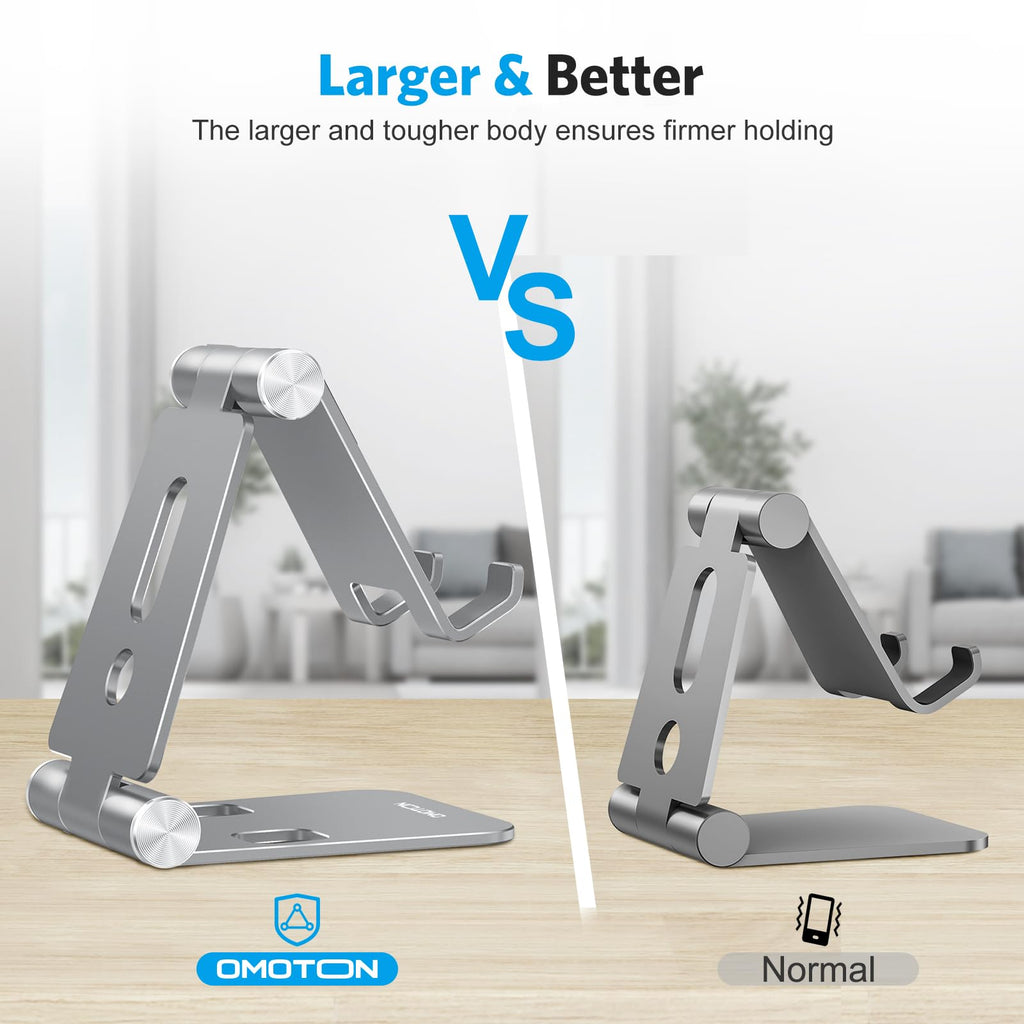 OMOTON Foldable Cell Phone Stand, C4 Portable Aluminum Phone Holder, Adjustable Phone Dock Cradle for iPhone 17/16/15 Pro Max Air, Small Tablets, All Smart Phones for Women Men Gift, Silver