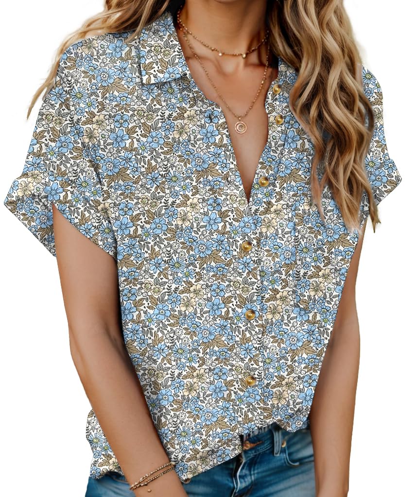 HOTOUCH Linen Shirts for Women Button Down Short Sleeve Tops Cotton Blouses Collared Button-up Beach Vacation Outfits