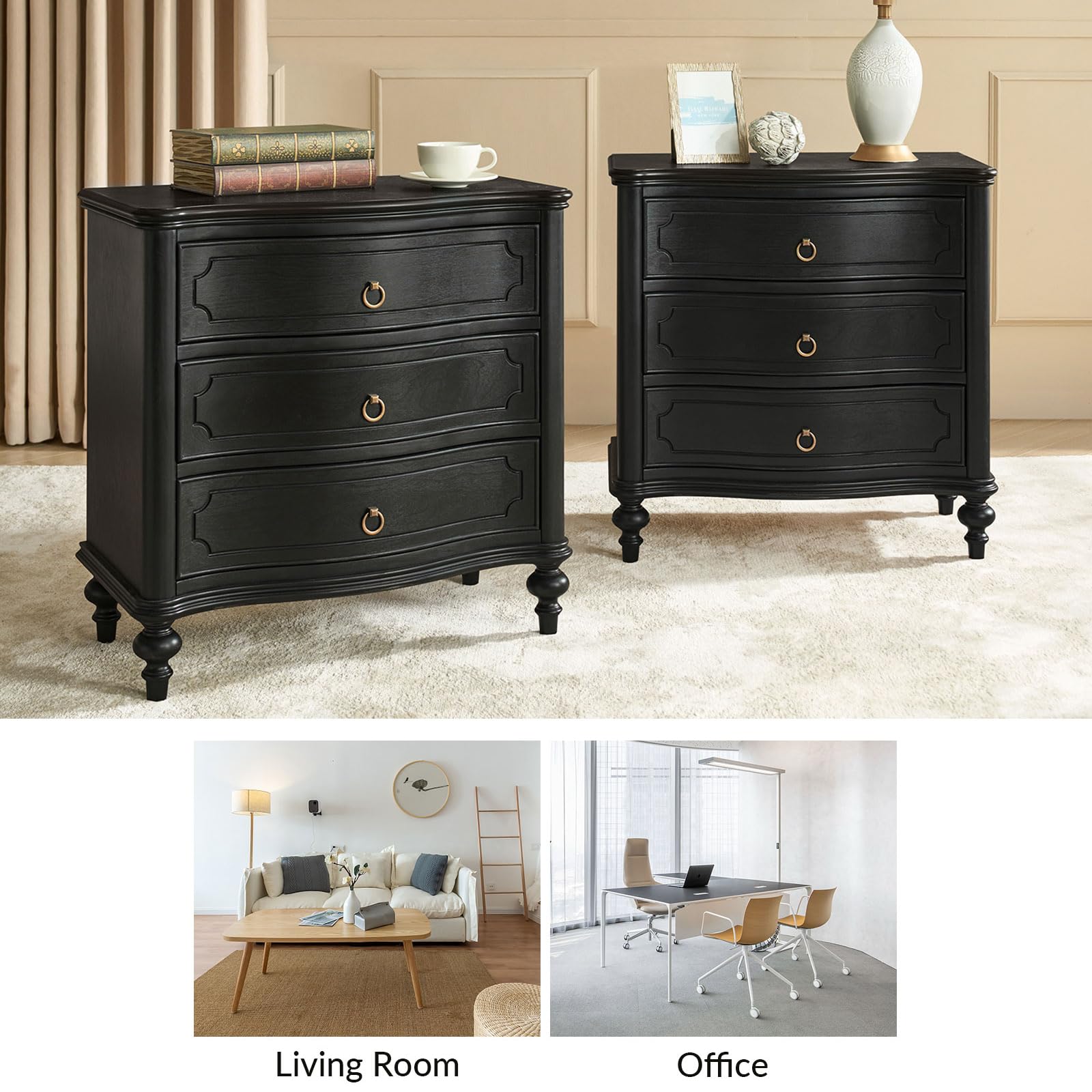 HULALA HOME Traditional Side Table with 3 Drawers, Tall Side Table with Curved Front Profle Desgin, Charging Station, Solid Wood Legs, Black