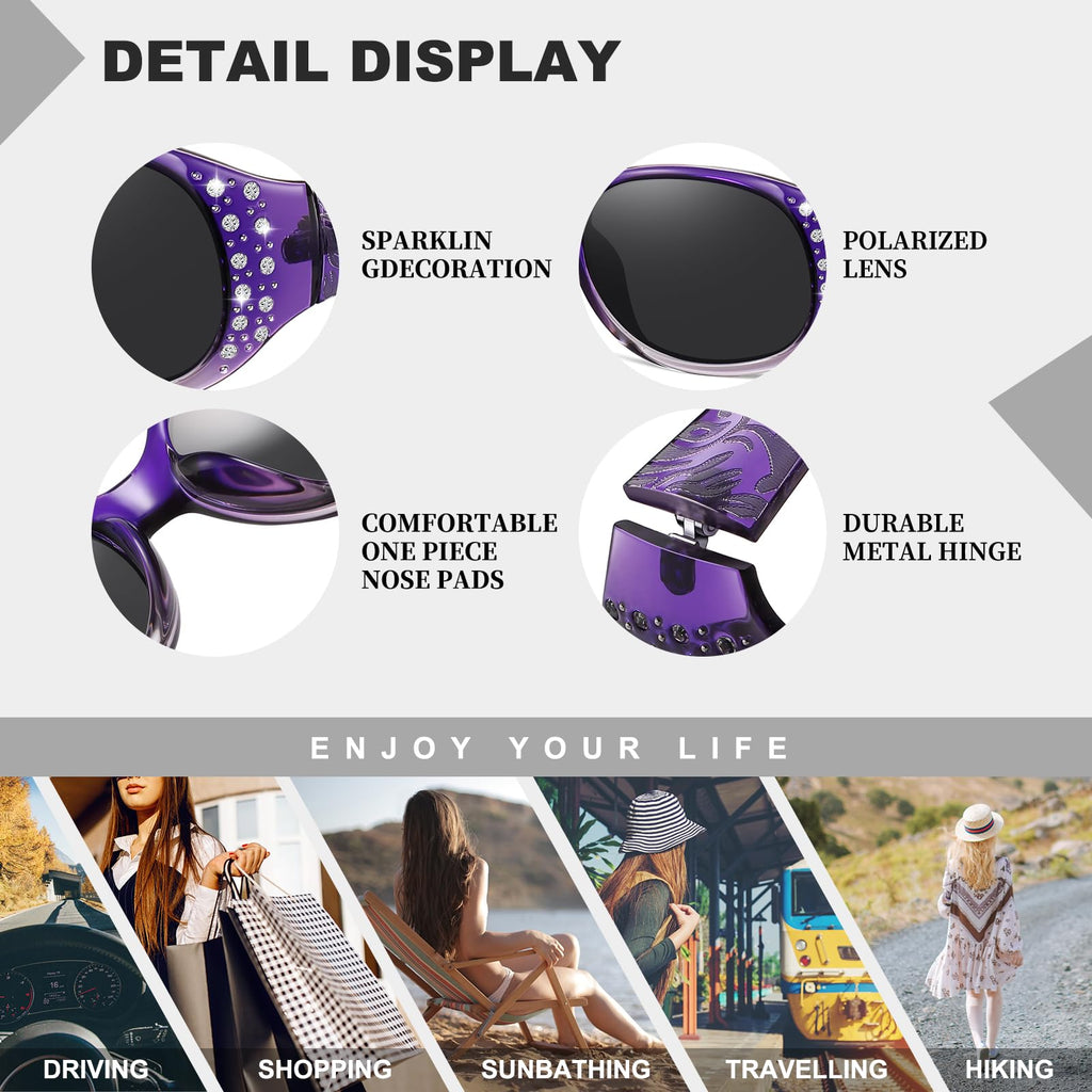 HAOLOTA Polarized Sunglasses for Women, Rhinestone Wrap Around Sunglasses with UV400 Protection