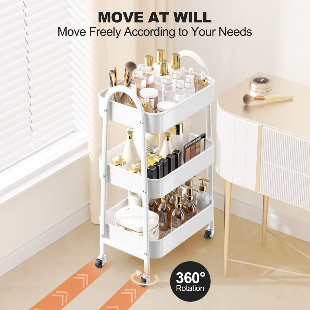 EAGMAK 3 Tier Rolling Cart, Large Metal Storage Cart with Handle and Lockable Wheels, Big Multifunctional Storage Organizer Trolley with Mesh Baskets for Kitchen, Living Room, Office, Garage (Beige)