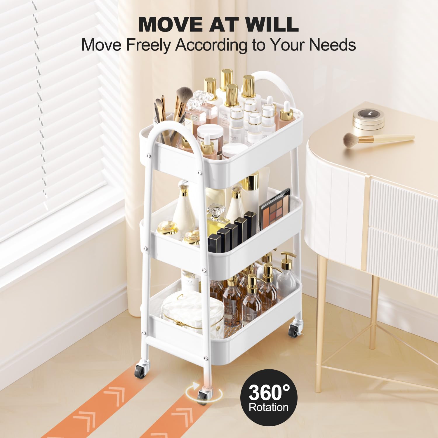EAGMAK 3 Tier Rolling Cart, Large Metal Storage Cart with Handle and Lockable Wheels, Big Multifunctional Storage Organizer Trolley with Mesh Baskets for Kitchen, Living Room, Office, Garage (Beige)