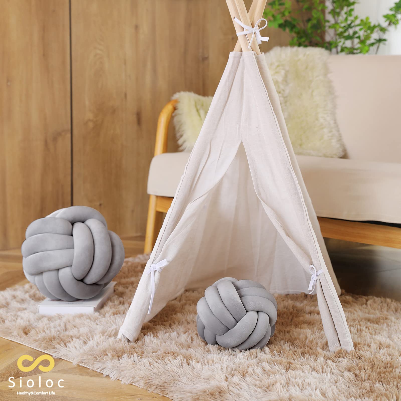 Sioloc Soft Knot Ball Pillows,Round Throw Pillow Cushion Home Decoration Plush Pillow,Throw Knotted Pillow Handmade Round Pillow（7.8inches,Beige）