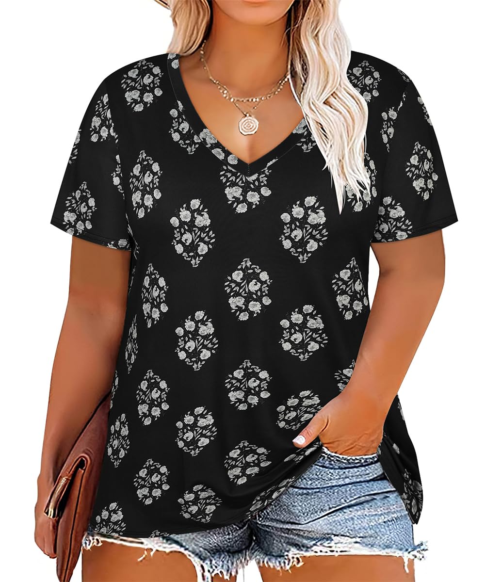 CARCOS Womens Plus Size Tops Short Sleeve Shirts V Neck Tunic Floral/Aniaml Blouses XL-5X