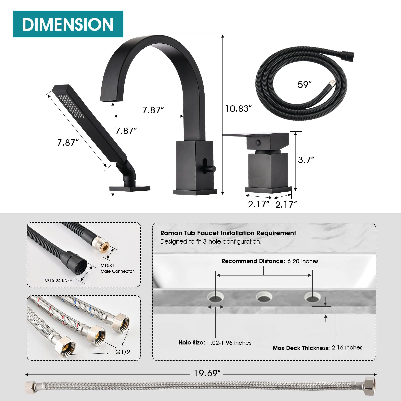 Brass Roman Tub Faucet with Sprayer, Deck Mount Bathtub Faucet with Hand Shower, 3 Hole Waterfall Faucet with 360 Spout, Single Handle Tub Filler with 8 GPM High Flow, Brushed Gold