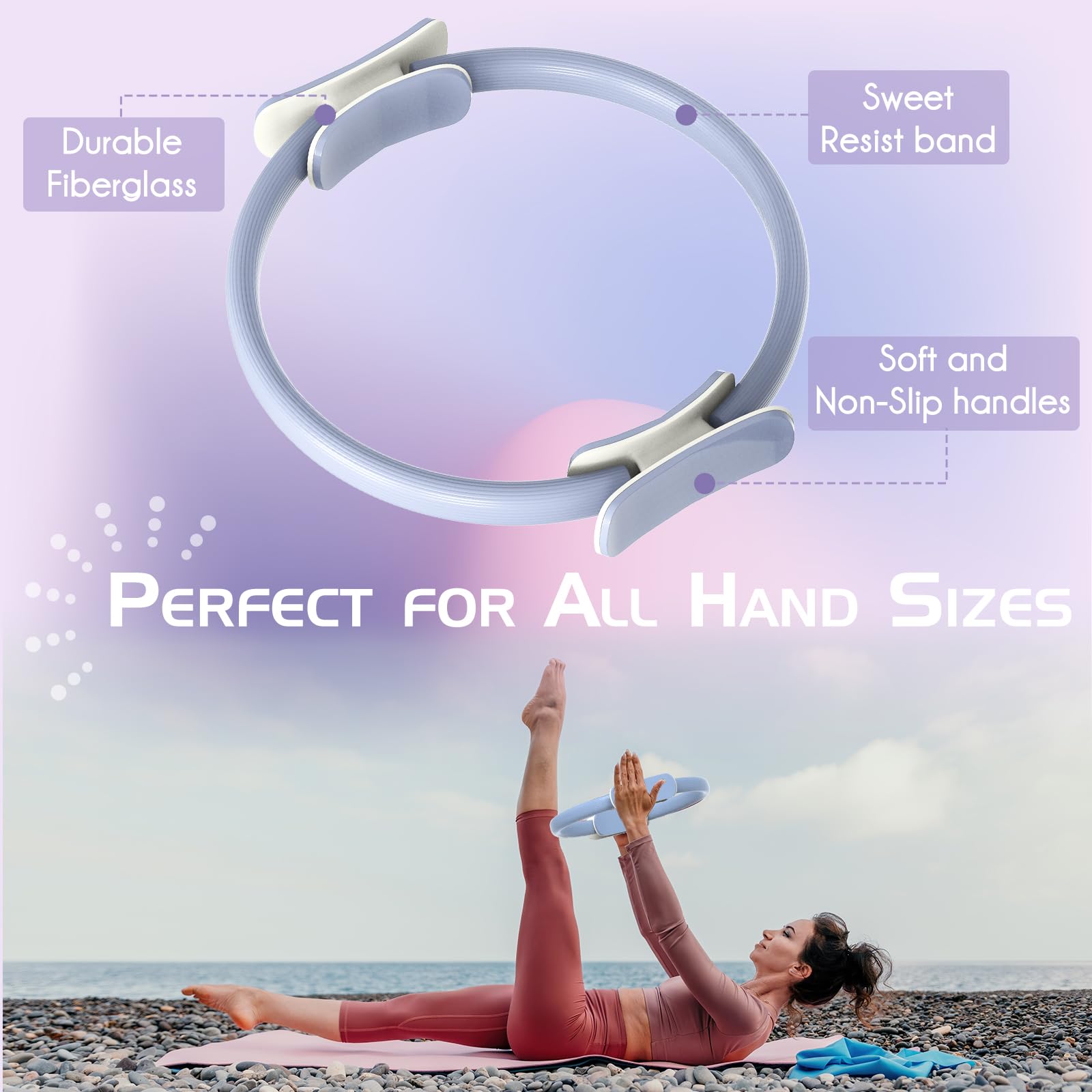 Pilates Ring Set: 14-Inch Magic Circle with Dual Padded Handles, Pilates Mini Ball, and Resistance Bands (15, 25, 35 lbs) for Strength, Flexibility, Stability, and Body Toning