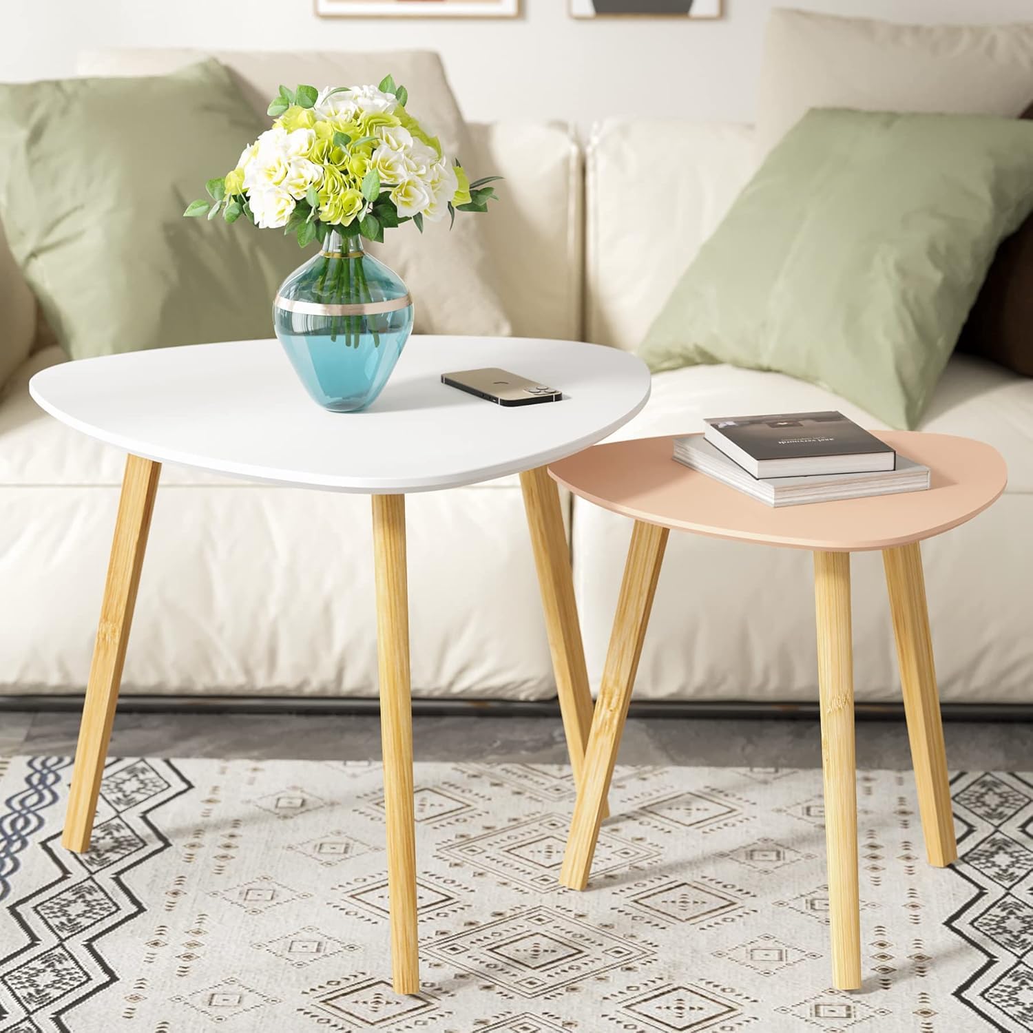BAMEOS Monstera Leaf Nesting Tables Set of 2, Small Side Tables f Set with Leaf Vein Pattern, Modern Wooden CoffeeTables for Living Room Bedroom Apartment Balcony Yard