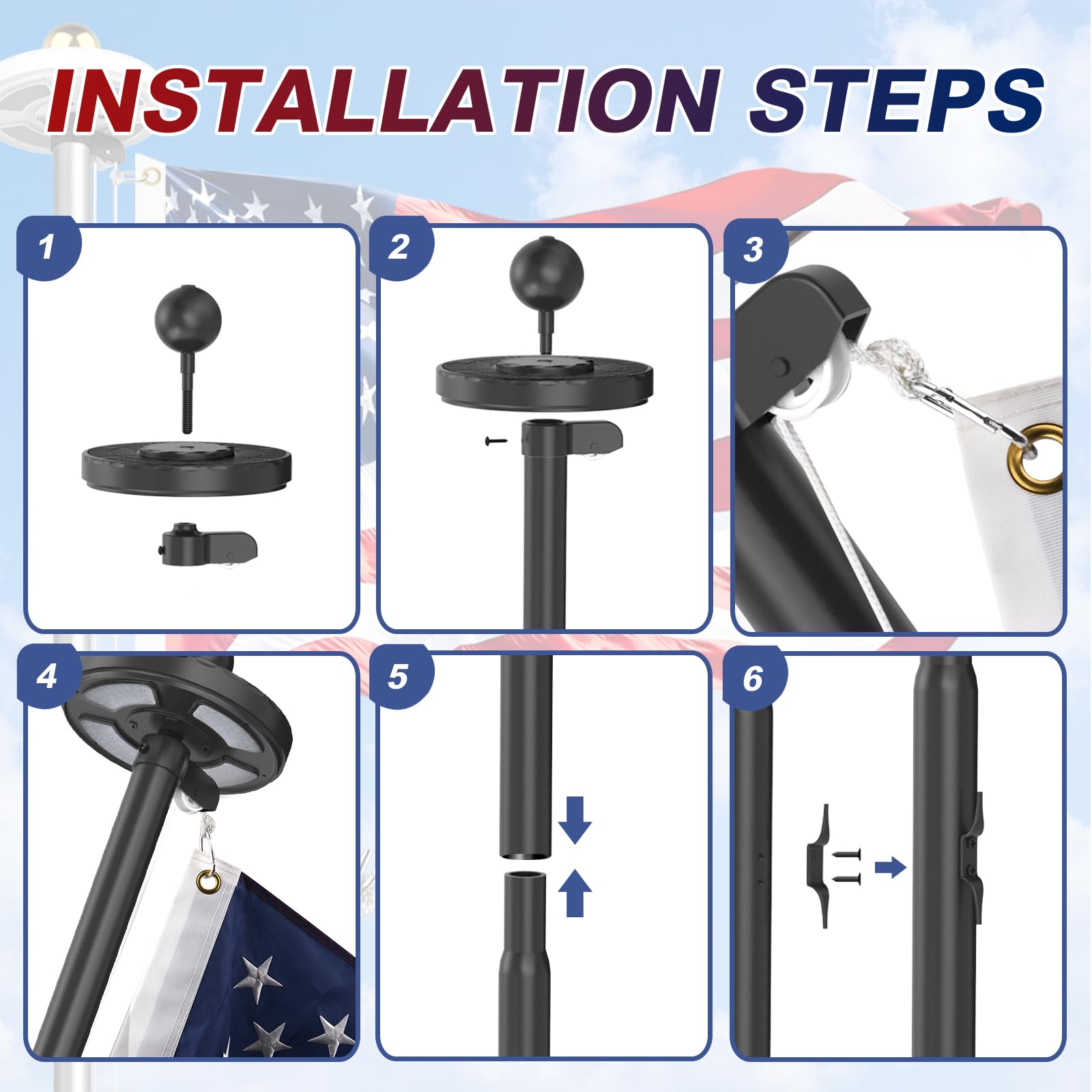 Upgraded 10 Gauge 20FT Heavy Duty Flag Pole Kit with 136 LED Solar Light, Extra Thick Flagpole for Outside House in Ground, Bottom 3 mm Thick & Width 3.35 in, 120MPH Wind Rated
