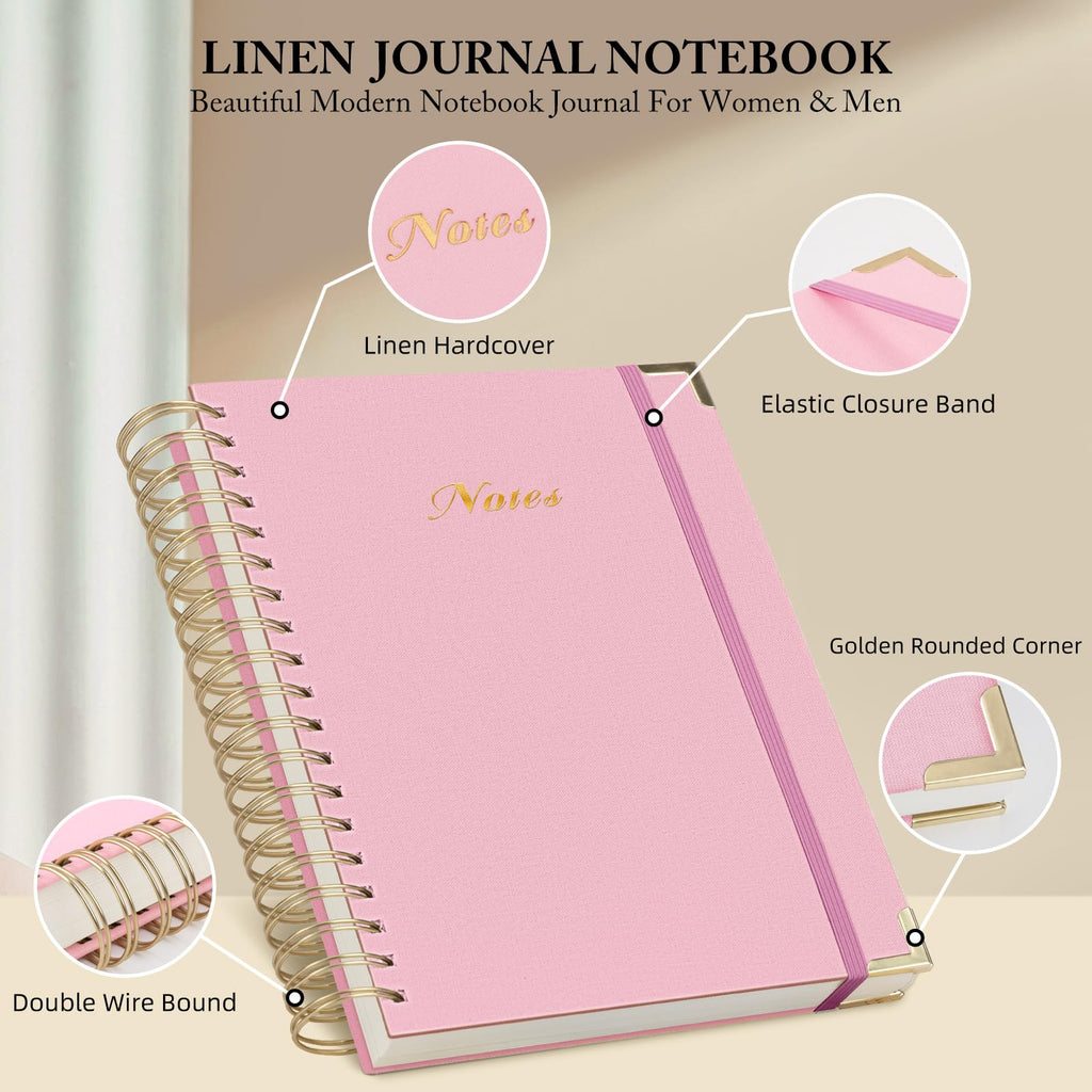 Spiral Notebook Journal, 328 Pages Linen Hardcover College Ruled Notebook, Lined Thick Journals for Women Men, A4 Thick Spiral Journal for Writing, 100GSM Paper, Cute Notebooks for Work School