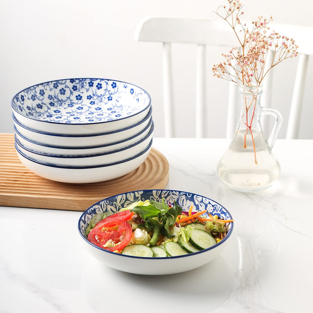 Selamica Ceramic 7.8 inch pasta bowls, 26 Ounce large serving porcelain salad soup bowls, dishwasher microwave safe, set of 6 (Black)