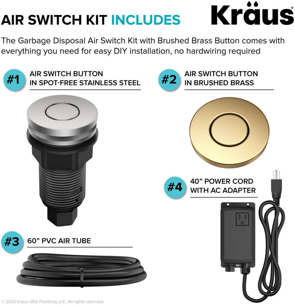 KRAUS Garbage Disposal Air Switch Kit with 2 Flat-Top Push Buttons in in Spot-Free Stainless Steel and Brushed Brass, AC Adapter, Power Cord, and Air Tube Included, KWDA-200BB