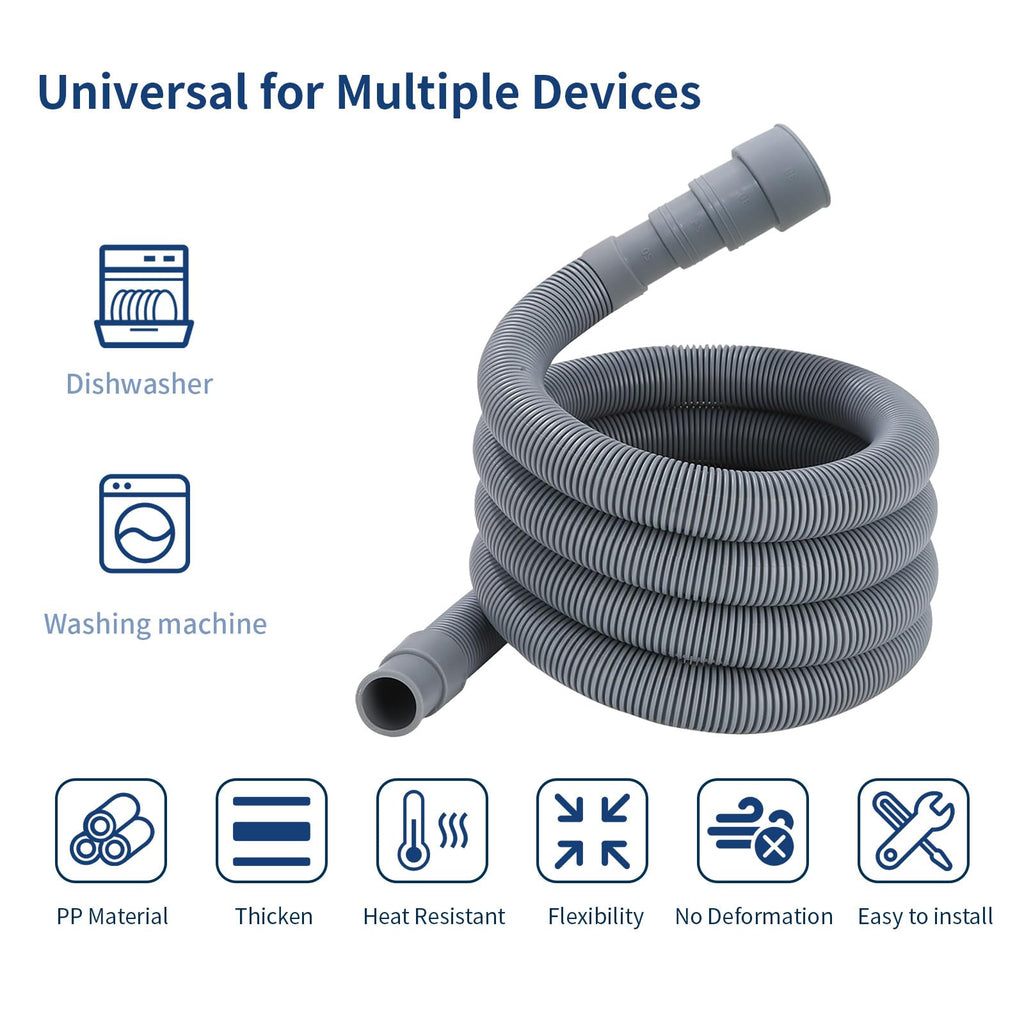 3.2 FT Washing Machine Drain Hose, Flexible Dishwasher Drain Hose Extension Kit, Universal Washer Drain Hose, Corrugated Washer Hose with 1 Adapter, 2 Hose Clamps, 1 U-Bend Hose Holder