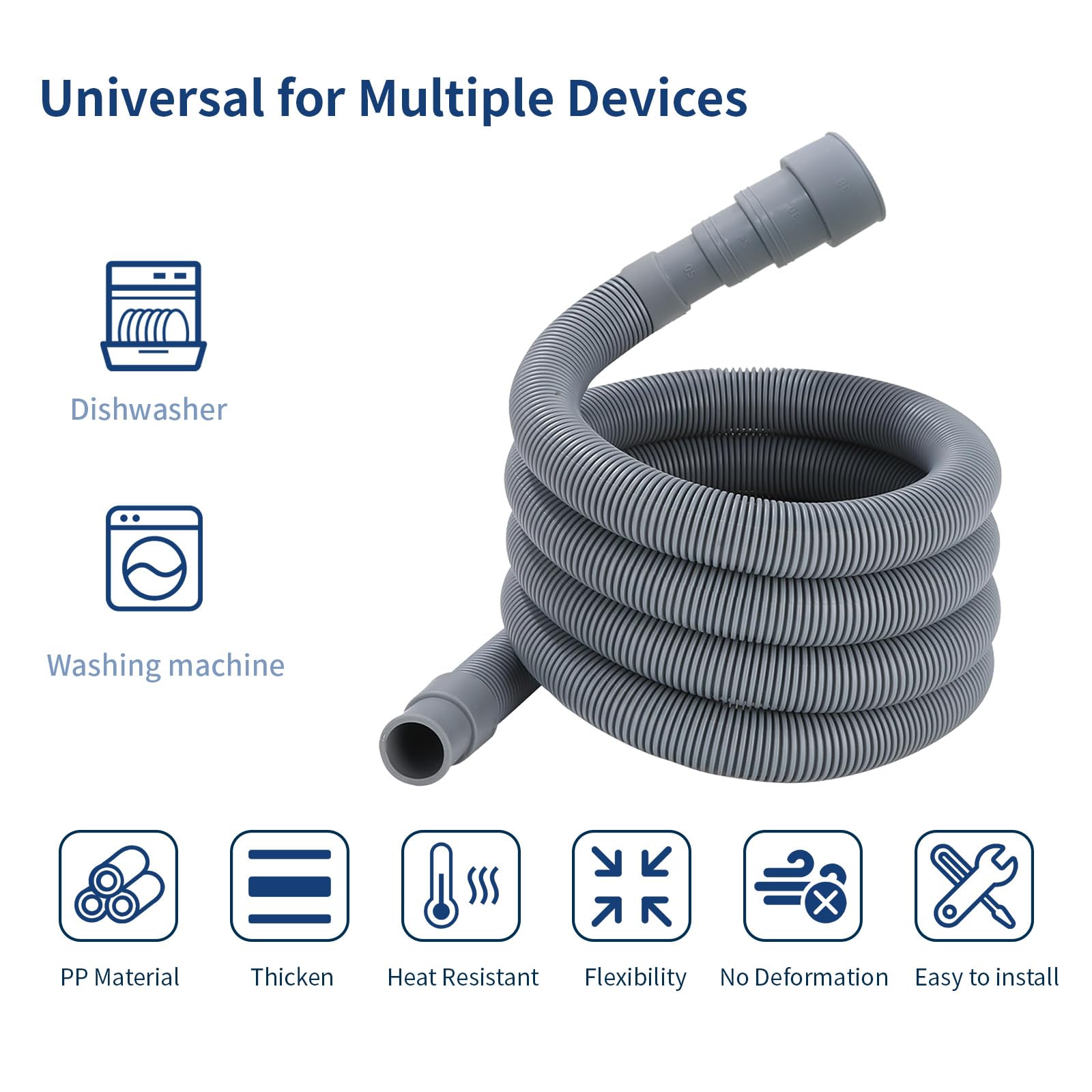 3.2 FT Washing Machine Drain Hose, Flexible Dishwasher Drain Hose Extension Kit, Universal Washer Drain Hose, Corrugated Washer Hose with 1 Adapter, 2 Hose Clamps, 1 U-Bend Hose Holder