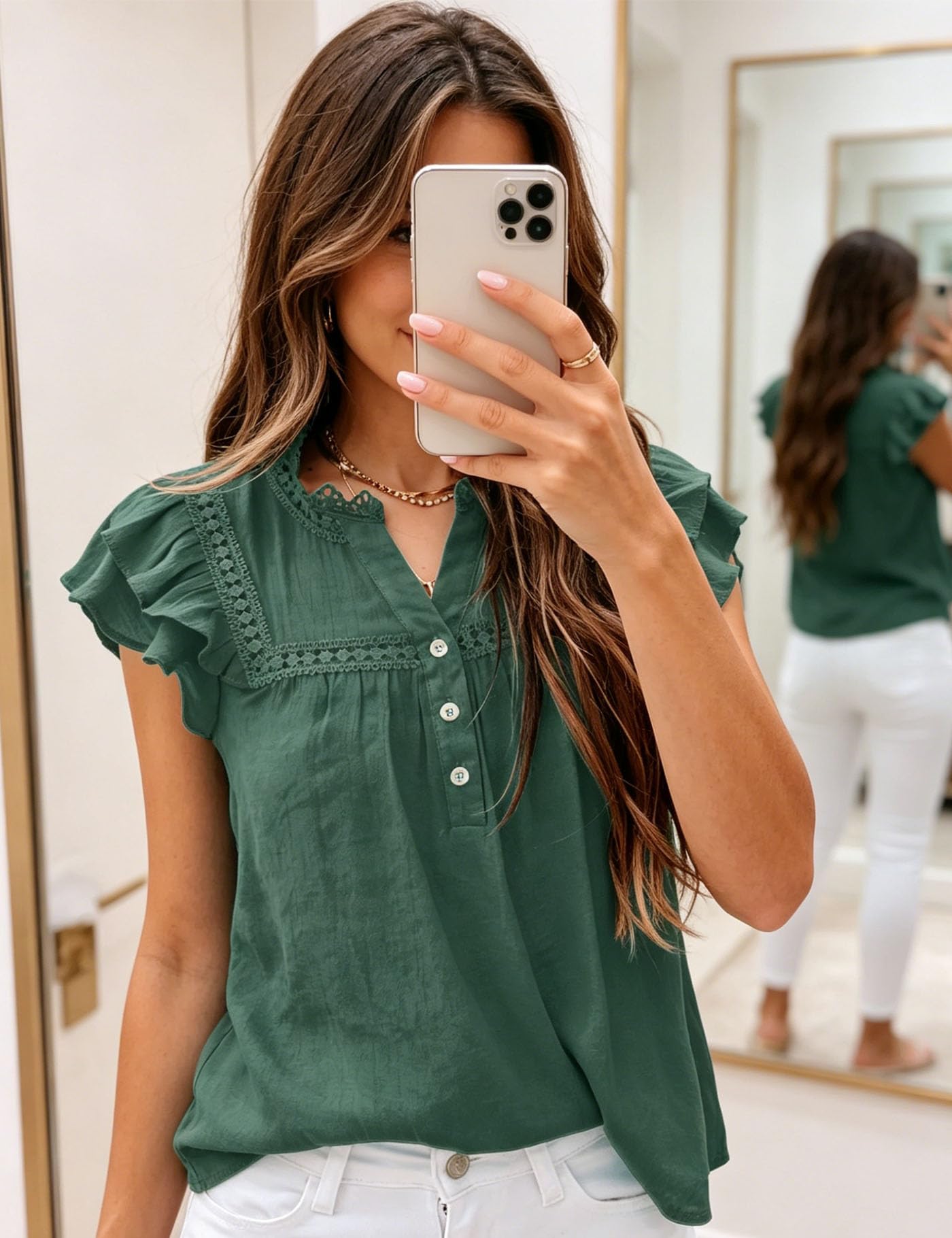 Women's V Neck Lace Crochet Shirts Button Down Short Sleeve Casual Blouse Tops