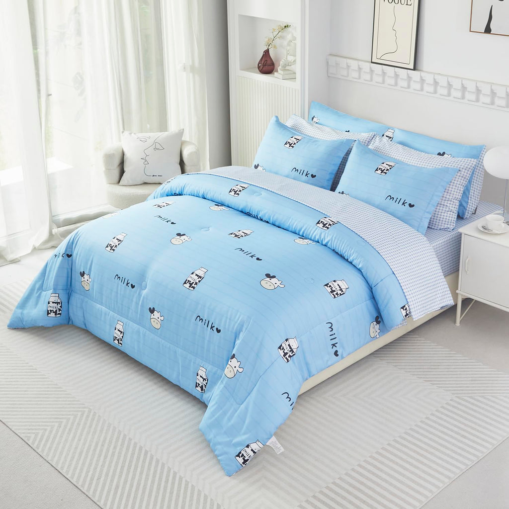 SUCSES Full Size Comforter Set with Sheets 8 Piece Cow Print Bedding Set for Boys Girls Black and White Kids Bed-in-A-Bag Farmhouse Rustic Bed Set for Bedroom (Milk Cow, Full)