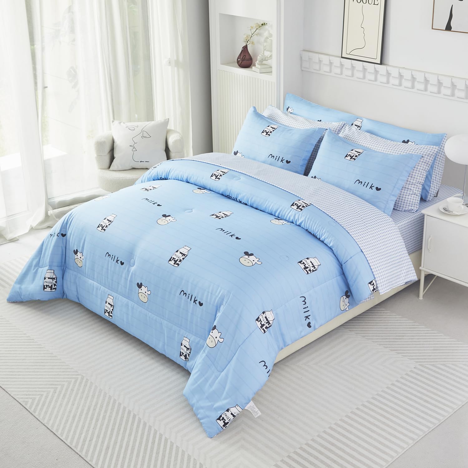 SUCSES Full Size Comforter Set with Sheets 8 Piece Cow Print Bedding Set for Boys Girls Black and White Kids Bed-in-A-Bag Farmhouse Rustic Bed Set for Bedroom (Milk Cow, Full)