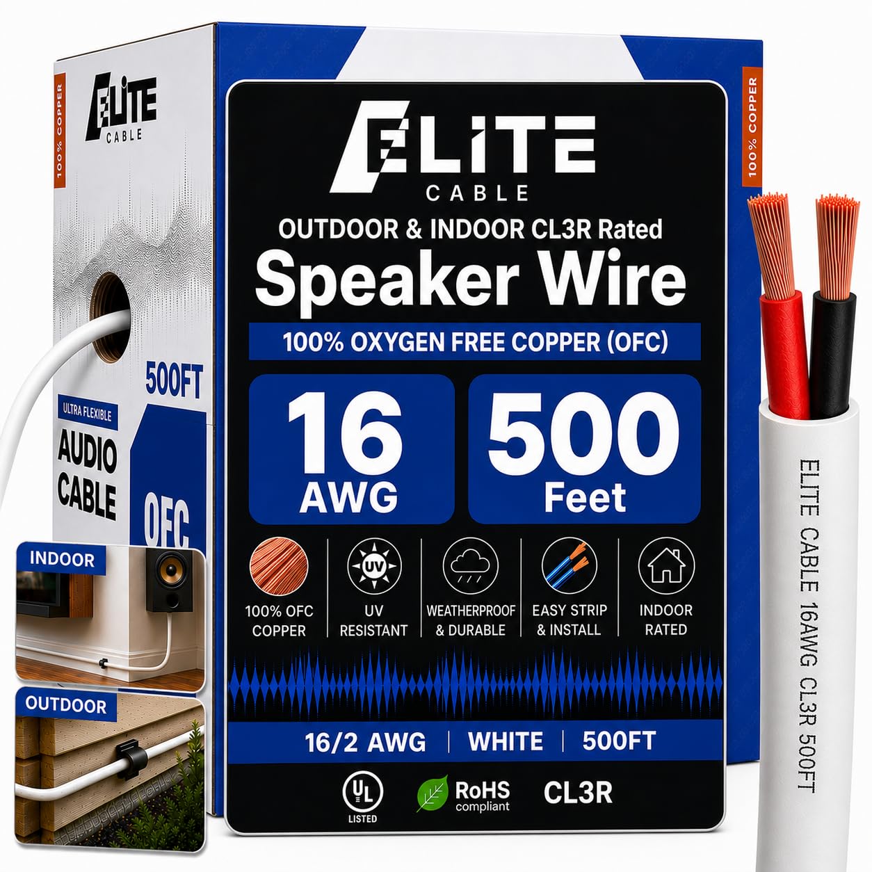 Elite 12/2 Speaker Wire 100ft, UL Listed, CMR/CL3R, (Riser/in-Wall & Outdoor/In-Ground (Direct Burial)- 100% Oxygen Free Pure Bare Copper (OFC), 12AWG/2-Conductor, 100ft Bulk Cable (65 Strands) Black