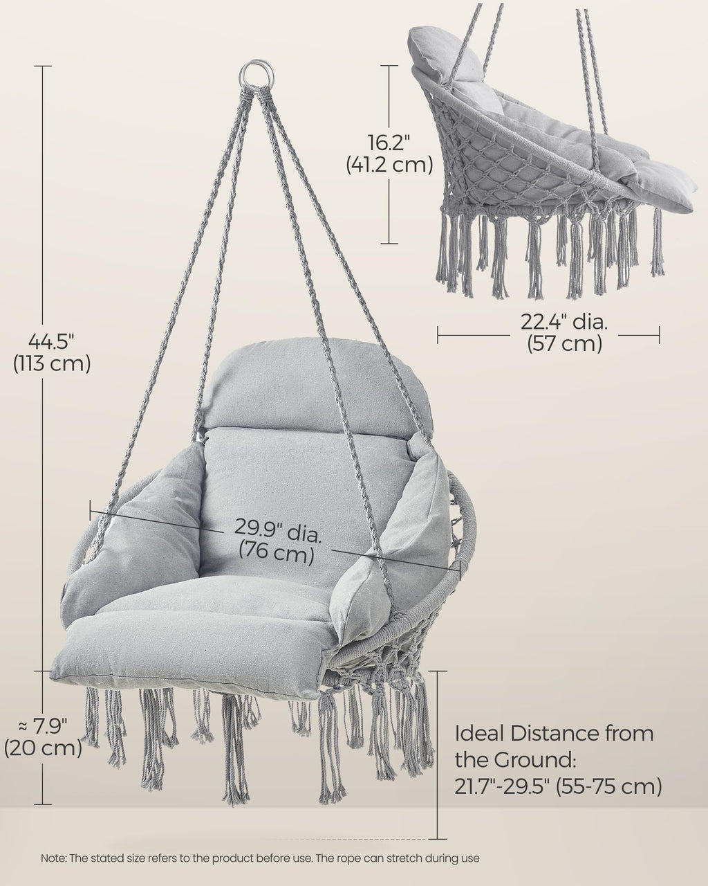 SONGMICS Hanging Chair, Hammock Chair with Large, Thick Cushion, Boho Swing Chair for Bedroom, Patio, Balcony, Garden, Holds up to 264 lb, Accessories Included, Cream White UGDC042M01