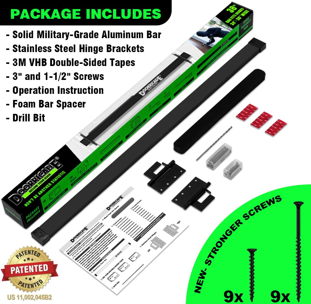 Door Security Bar-by Doorricade-Secure The Entire Width of Your Inward Opening Front Door-Safe Room. Fits Doors up to 32" Wide-Black Edition.