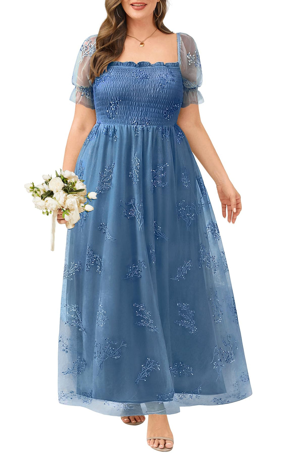 Plus Size Formal Dresses - Bridesmaid Leaf Embroidery with Sequin Tulle Prom Long Dress