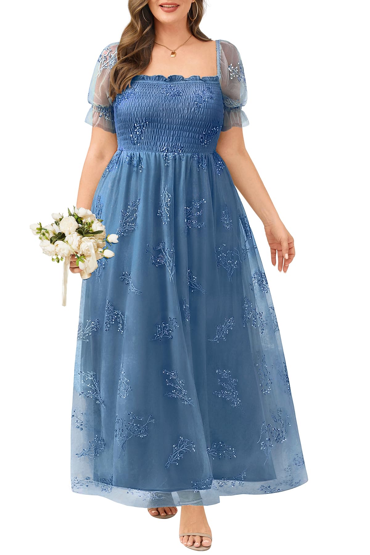 Plus Size Formal Dresses - Bridesmaid Leaf Embroidery with Sequin Tulle Prom Long Dress