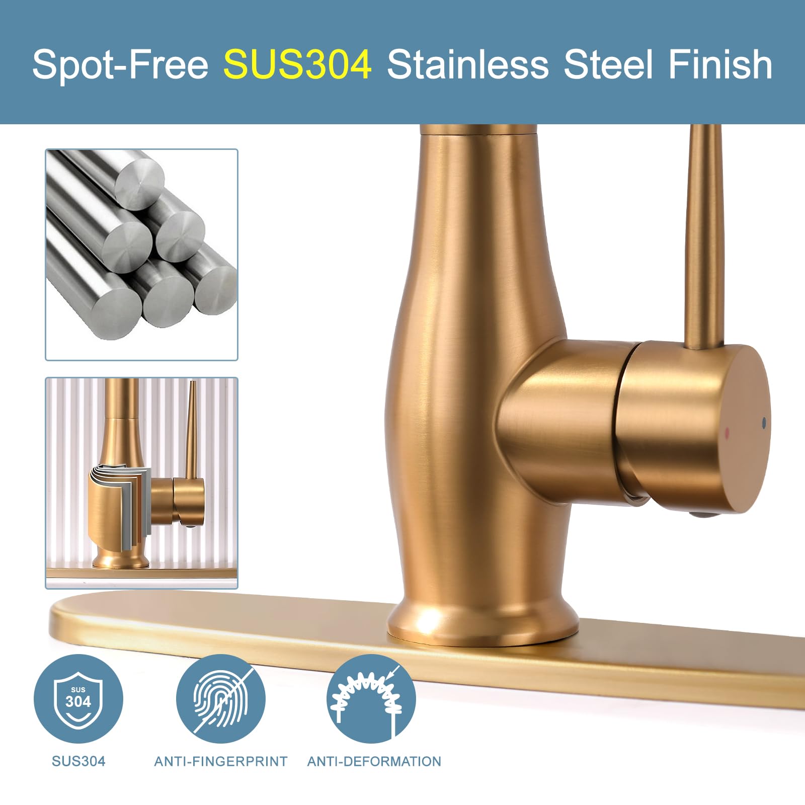 GIMILI Black and Gold Kitchen Faucet with Pull Down Sprayer Single Handle High Pressure Kitchen Sink Faucet Commercial Double-Headed Stainless Steel Kitchen Faucets