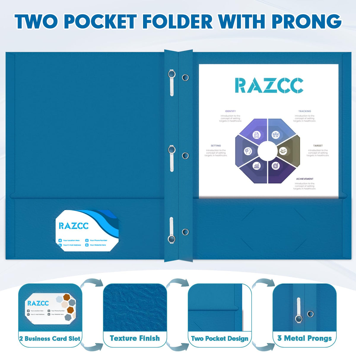 Two Pocket Folders, RAZCC 75 Pack Two Pocket Folders with Prongs, 3 Prong Pocket Folders Letter Size, Paper Folders with Prongs for School Office Home Business, Assorted 5 Colors
