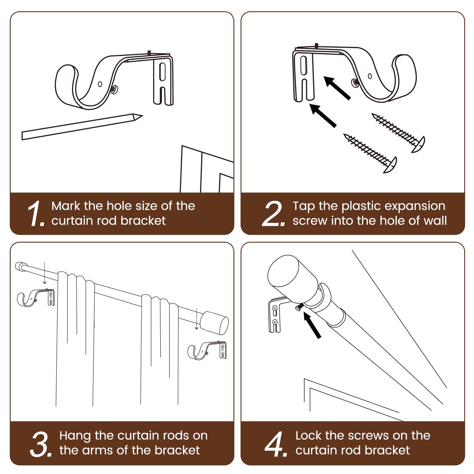1” Diameter brown curtain rod Itself is 30 to 60 inch. 1 Pack Fits 30-54 inch Windows with Heavy Duty Adjustable brown curtain rods Splicing Metal Extra Long Curtain Rod