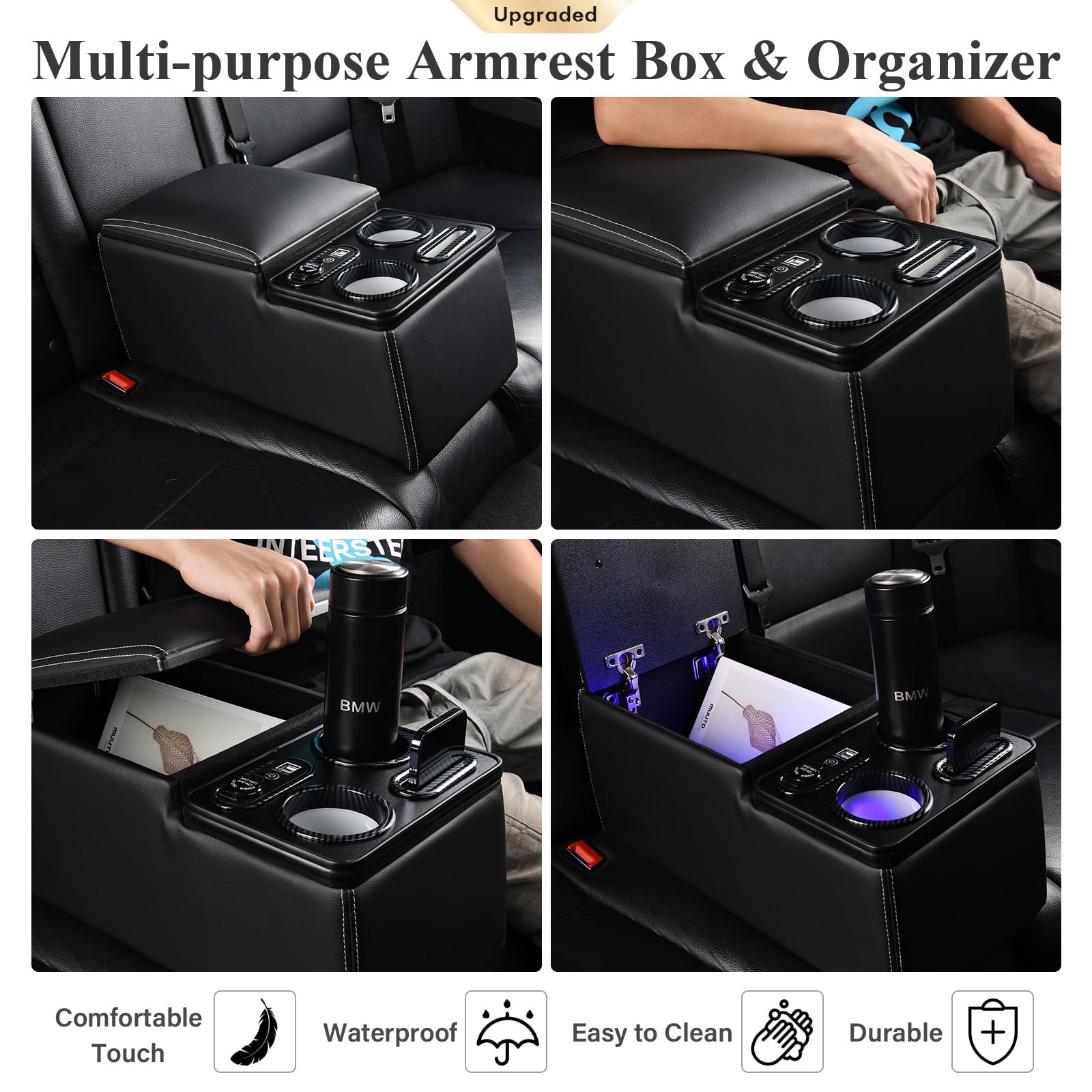 Coverado Car Center Console, Universal Rear Bench Seat Consoles, Truck Seat Organizer and Storage, Back Seat Car Organizer with Cup Holder, Large Storage Box, Central Armrest Box (Regular, Beige)