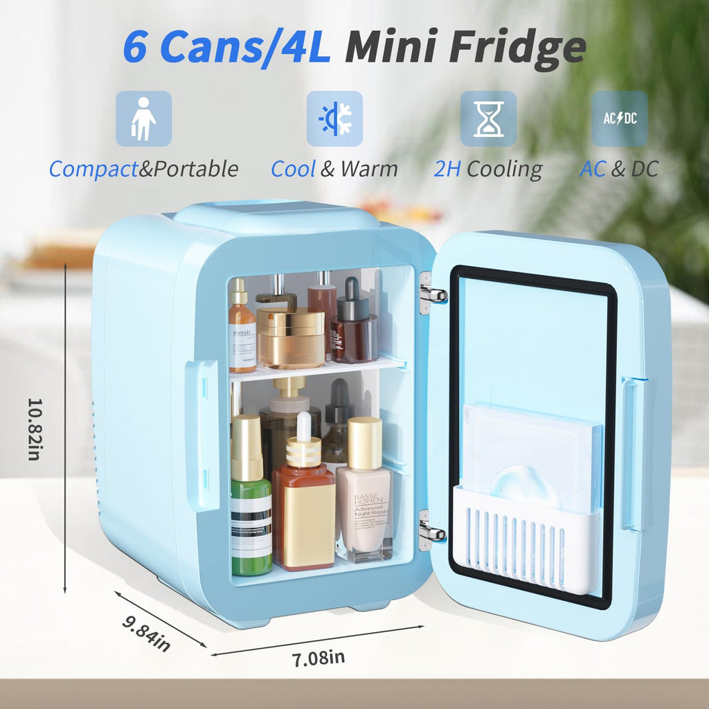 YASHE Mini Fridge, 4 Liter/6 Can Mini Makeup Fridge, 110V AC/ 12V DC Portable Thermoelectric Cooler&Warmer for Skincare, Drink, Cosmetic, Medicine, Small fridge for Bedroom, Office, Dorm, Car, Black