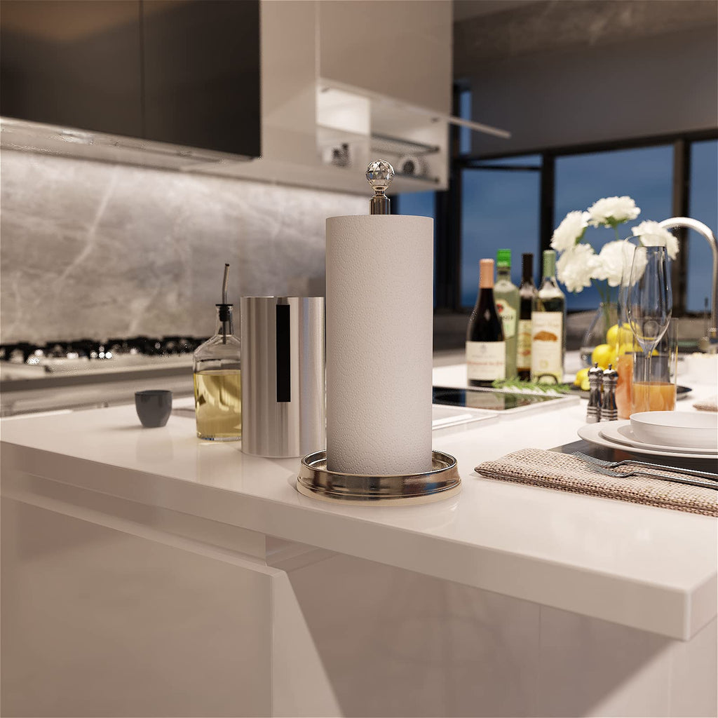 KASUNTO Paper Towel Holder with Crystal Ball - Steel Countertop Stand, Fits Standard & Jumbo Rolls, Brushed Nickel