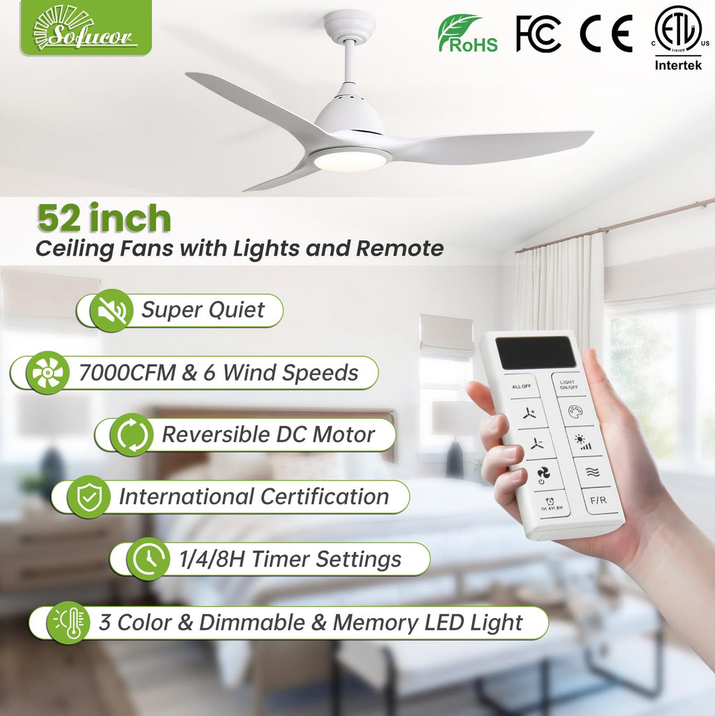 Sofucor 52 Inch Outdoor Ceiling Fans with Lights, Modern Ceiling Fan with 3 Plastic Blade, Quiet, Dimmable, High 7000CFM 6-Speed 3-Timer Reversible DC Motor, for Bedroom Living Room, ETL, Black