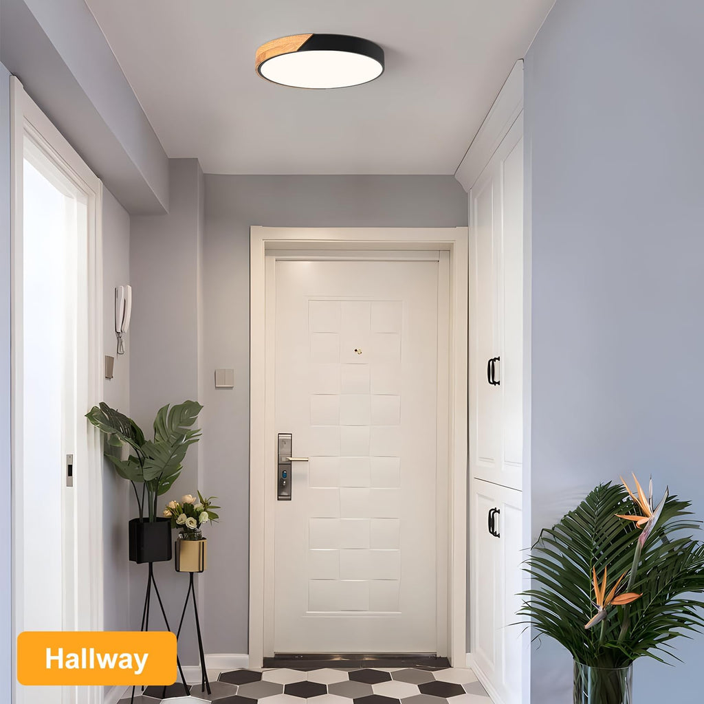 Modern LED Ceiling Light, Minimalist Wood Dimmable Flush Mount Ceiling Light Fixture, Round 5CCT Lighting Lamp with Acrylic Lampshade for Bedroom Hallway Kitchen Laundry, Black 11.8"