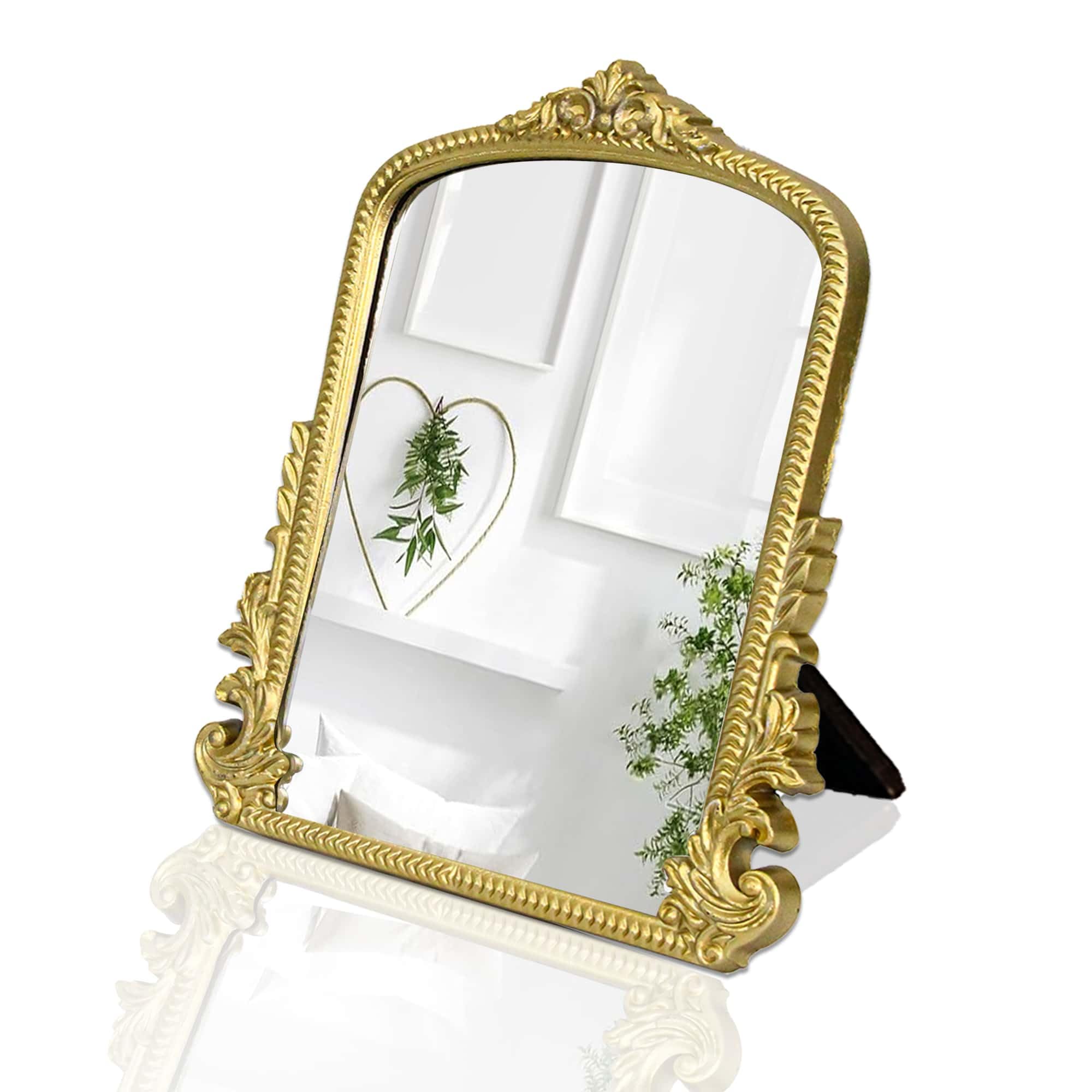 Small Vintage Vanity Makeup Desk Mirror, Antique Traditional Arch Table Mirror in Gold, Decorative Wood Carved Mirror for Living Room Bedroom Tabletop 11.8" x 9.6"
