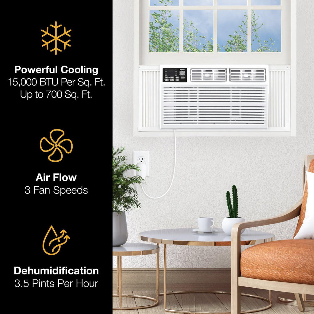 Whirlpool 15,000 BTU Window Air Conditioner with Dehumidifier, 115V, Window AC for Rooms up to 700 Sq. Ft., Living Room, Bedroom, or Kitchen, with Remote Control, Auto-Restart, and 24H-Timer, White