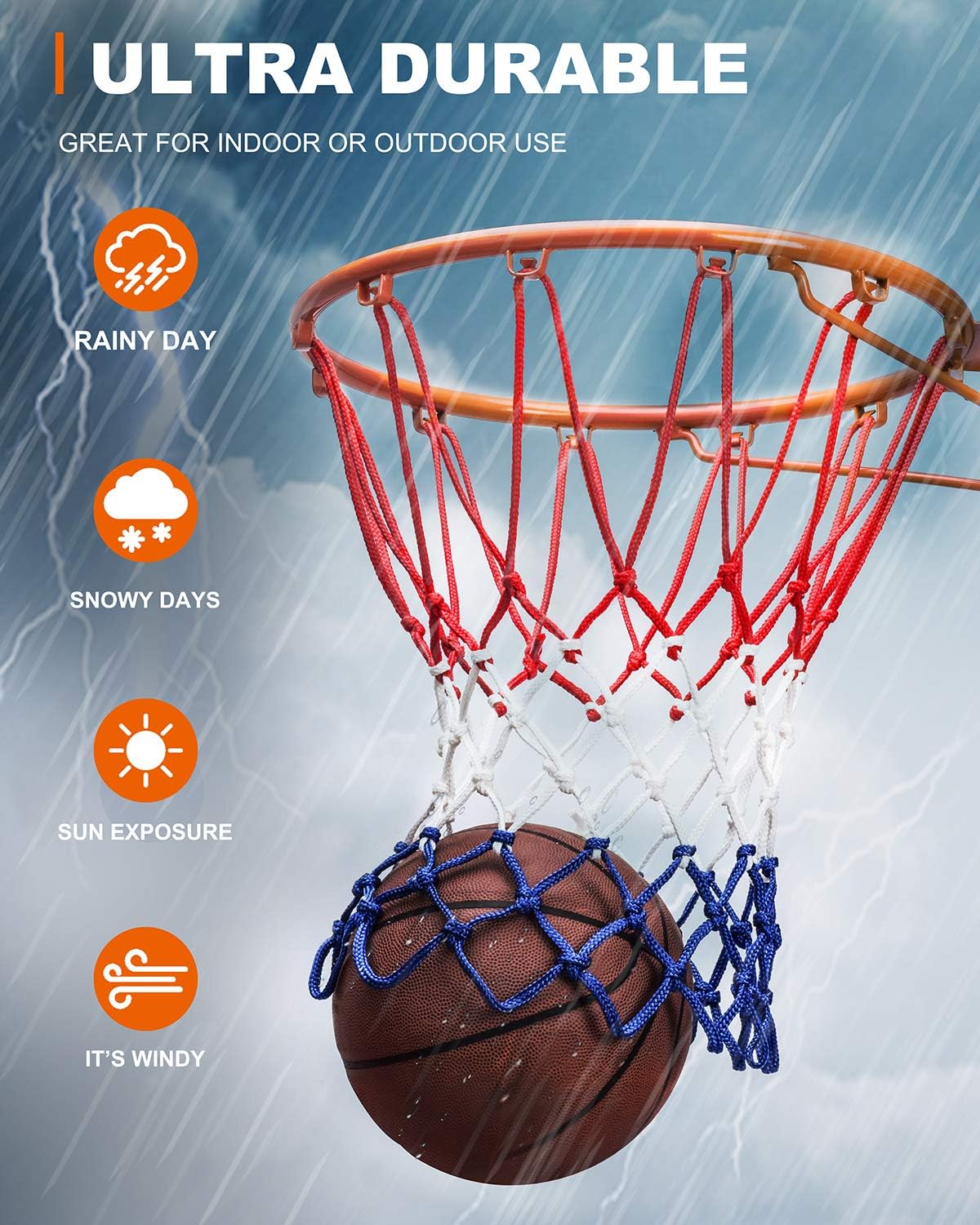 Basketball Net Replacement Heavy Duty, 2023 Professional On-Court Quality [6.88Ounce], Fits Outdoor Indoor Standard Rim, All Weather Anti Whip -12 Loops (Red White Blue)