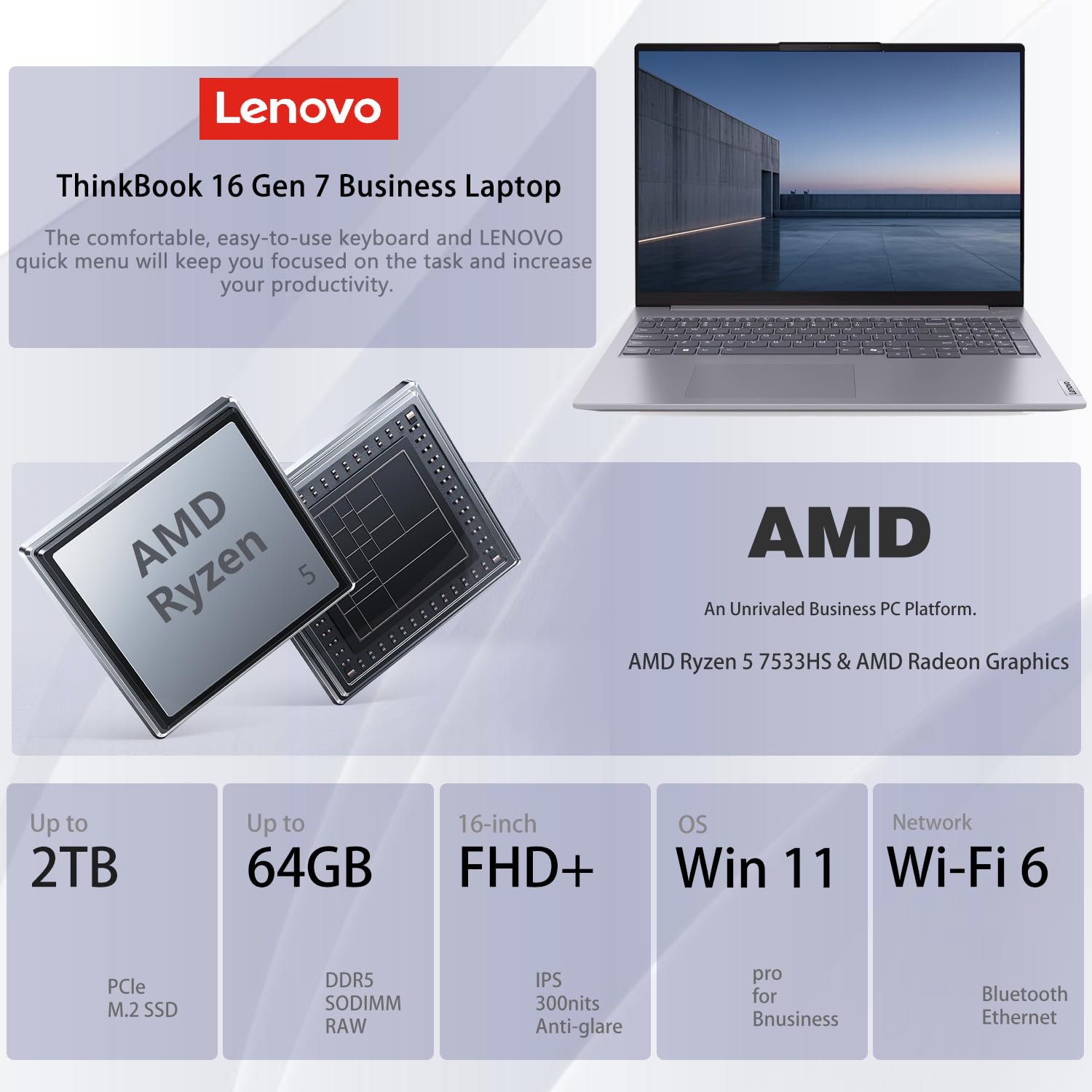 Lenovo ThinkBook 16 Gen 7 Business Laptop, 16” FHD+, AMD Ryzen 5 7533HS, 32GB DDR5, 1TB SSD, Wi-Fi 6, HDMI, Fingerprint, SD Card Reader, HD Webcam with Privacy Shutter, Windows 11 Pro, w/Bundle