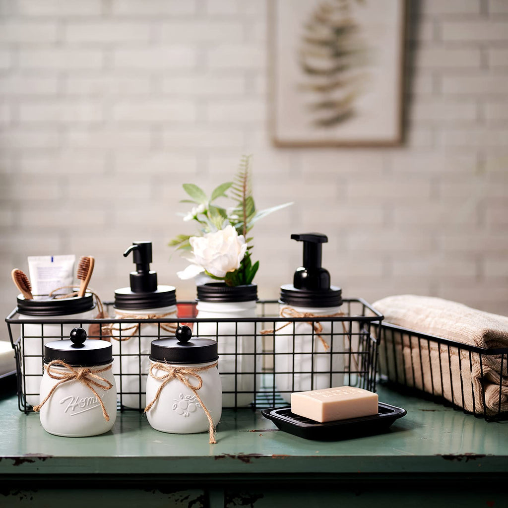 SheeChung 6Pcs Mason Jars Bathroom Accessories Set Complete - Toothbrush Holder, Lotion Soap Dispenser, 2 Mason Jars, Soap Dish, Toilet Paper Basket, Rustic Farmhouse Decor (Black, 6Pcs Bathroom Set)