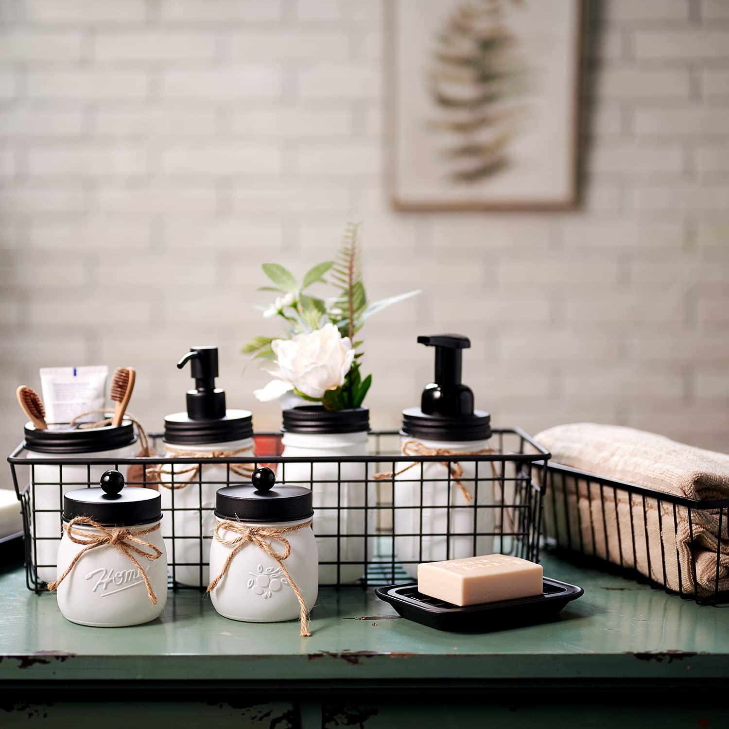 SheeChung 6Pcs Mason Jars Bathroom Accessories Set Complete - Toothbrush Holder, Lotion Soap Dispenser, 2 Mason Jars, Soap Dish, Toilet Paper Basket, Rustic Farmhouse Decor (Black, 6Pcs Bathroom Set)
