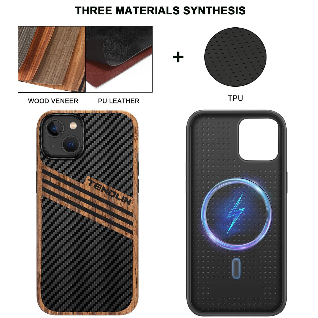 TENDLIN Compatible with iPhone 15 Case Wood Grain with Carbon Fiber Texture Design Leather Hybrid Slim Case (Black)