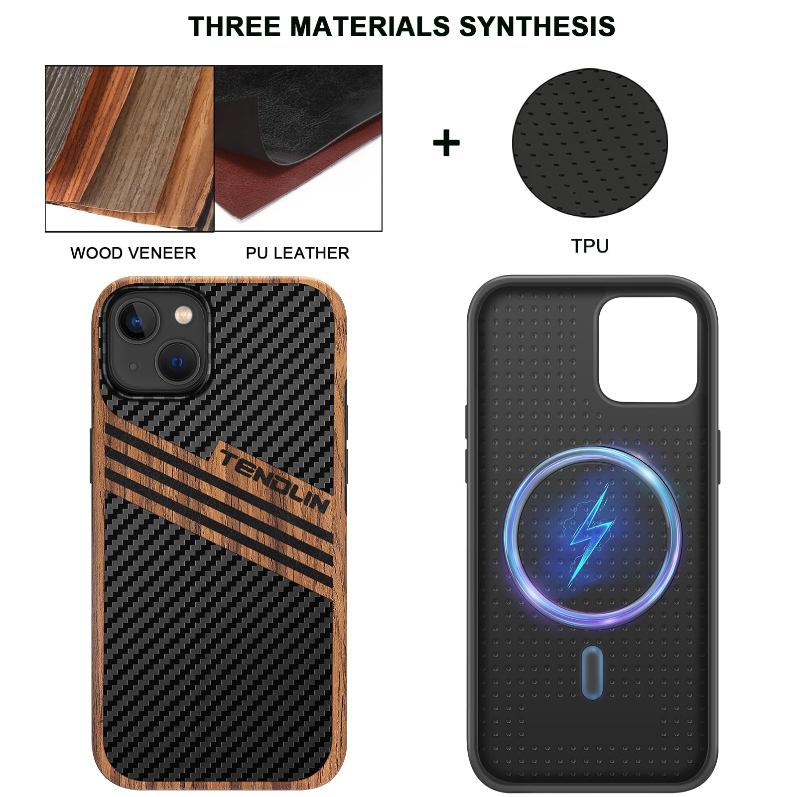 TENDLIN Compatible with iPhone 15 Case Wood Grain with Carbon Fiber Texture Design Leather Hybrid Slim Case (Black)